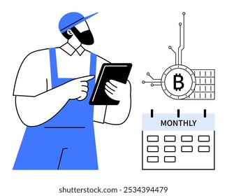 Trabalhador em macacão azul e tampa segurando tablet apontando para rede Bitcoin ao lado de um calendário mensal. Ideal para criptomoeda, tecnologia, planejamento financeiro, blockchain, pagamentos digitais