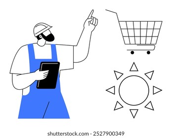 Un trabajador con un mono azul y un casco apunta al Carrito de compras y al sol. Ideal para el comercio electrónico. Energías renovables. Seguridad en el trabajo. Comercio minorista digital. Logística