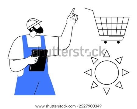 A worker in blue overalls and a helmet is pointing at a shopping cart and sun. Ideal for e-commerce. Renewable energy. Work safety. Digital retail. Logistics