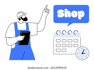 Worker in blue overalls holding a tablet and pointing at a shop sign with a calendar and clock. Ideal for retail promotion, business scheduling, time management, customer service, marketing. Clean