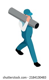 Worker in blue uniform carrying pipe 3d isometric vector illustration