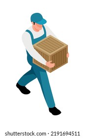 Worker in blue uniform carrying wooden box 3d isometric vector illustration