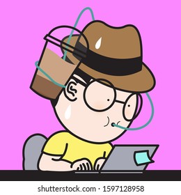 Worker Boy Drinking Coffee From A Cup On His Head Band While Working Busy Concept Card Character Illlustration