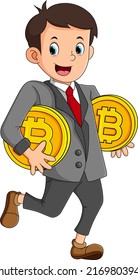 The worker boy is walking and so happy while holding two bitcoins of illustration