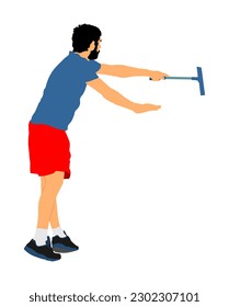 Dibujo vectorial de acción del servicio de limpieza de ventanas de lavado para niños trabajadores aislado en blanco. Actividad de pintores. Hombre decorador pintando la pared con pincel. Renovación en casa. El hombre de la mano se mueve en el trabajo.