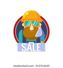 Worker With Brick Trowel  Round Flat Vector Isolated On White Background Sticker Design