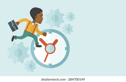 A worker with briefcase is late to Work with a clock symbol. A contemporary style with pastel palette soft blue tinted background. Vector flat design illustration. Horizontal layout with text space in