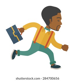 Un trabajador con maletín llega tarde al trabajo. Un estilo contemporáneo con una paleta pastel y un fondo de tonos azules. Ilustración de diseño plana vectorial. Diseño cuadrado.   