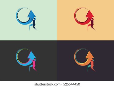 Worker Bring A Arrow Upward, Symbolizing Finance Growth, Vector Logo Template 