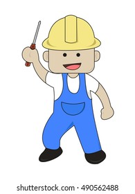 A Worker Bring Screwdriver Cartoon Illustration