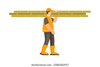 Worker bringing bamboo for scaffolding or other construction purpose