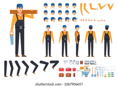 Worker, builder in black overalls creation kit. Create your own pose, action, animation. Various emotions, gestures, design elements. Flat design vector illustration