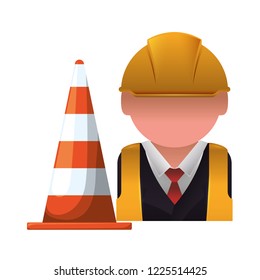 worker builder with helmet and cone silhouette