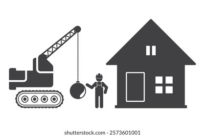 worker builder person and crane machine with wreck ball hanging on chain hit house icon