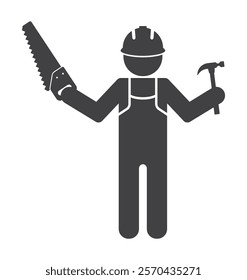 Worker builder person with handle saw and hammer in hand icon