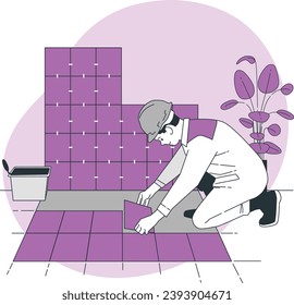 worker Builder puts tile. Construction and decoration. Pop art retro vector illustration