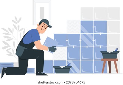 worker Builder puts tile. Construction and decoration. Pop art retro vector illustration