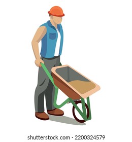 Ein Arbeiter, ein Bauarbeiter steht mit einem Baukastenwagen