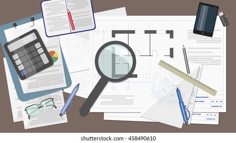Worker builder table with drawings, designs , sketches , ruler , pencil , magnifying glass , telephone , flash card and notebook
