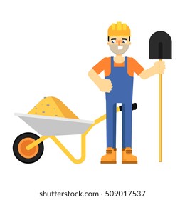 Worker builder in uniform and helmet with shovel and full wheelbarrow isolated on white background vector illustration. Smiling construction worker character in flat design.