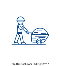 Worker builder with wheelbarrow line icon concept. Worker builder with wheelbarrow flat  vector symbol, sign, outline illustration.