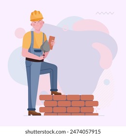 Worker building brick wall. Builder, constructor, brickwork flat vector illustration. Construction site, equipment, tool concept for banner, website design or landing page