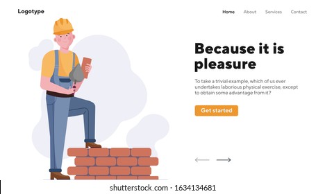 Worker building brock wall. Builder, constructor, brickwork flat vector illustration. Construction site, equipment, tool concept for banner, website design or landing web page