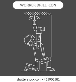 The worker building drills wall in different poses isolated vector illustration. White lines icon black background. Symbol web, infographic and print poster design set