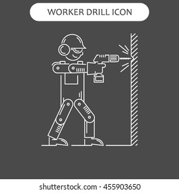 The worker building drills wall in different poses isolated vector illustration. White lines icon black background. Symbol web, infographic and print poster design set