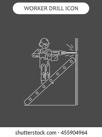 The worker building drills wall in different poses isolated vector illustration. White lines icon black background. Symbol web, infographic and print poster design set