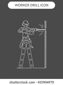 The worker building drills wall in different poses isolated vector illustration. White lines icon black background. Symbol web, infographic and print poster design set