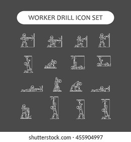 The worker building drills wall in different poses isolated vector illustration. White lines icon black background. Symbol web, infographic and print poster design set