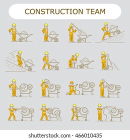 Worker Building icon. Shovel, electrician, wire, cement, gravel, materials, bucket, ladder, slope, pump, wheelbarrow, sand, step-ladder, concrete mixer, brick wall, yellow helmet, orange overalls