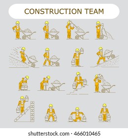 Worker Building icon. Shovel, electrician, wire, cement, gravel, materials, bucket, ladder, slope, pump, wheelbarrow, sand, step-ladder, concrete mixer, brick wall, yellow helmet, orange overalls