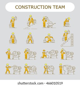 Worker Building icon. Shovel, electrician, wire, cement, gravel, materials, bucket, ladder, slope, pump, wheelbarrow, sand, step-ladder, concrete mixer, brick wall, yellow helmet, orange overalls
