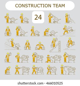 Worker Building icon. Shovel, electrician, wire, cement, gravel, materials, bucket, ladder, slope, pump, wheelbarrow, sand, step-ladder, concrete mixer, brick wall, yellow helmet, orange overalls