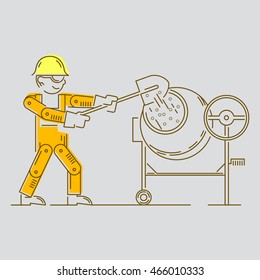 Worker Building icon. Work logo collection. Shovel, cement, gravel, materials, bucket, sand, gravel, concrete mixer, yellow helmet, orange overalls.  Isolated color sign line vector gray background.