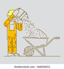 Worker Building icon. Work logo collection. Cement, gravel, materials, bucket, slope, wheelbarrow, sand, yellow helmet, orange overalls.  Isolated color sign line vector gray background.