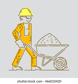 Worker Building icon. Work logo collection. Cement, gravel, materials, bucket, wheelbarrow, sand, yellow helmet, orange overalls.  Isolated color sign line vector gray background