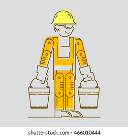 Worker Building icon. Work logo collection. Cement, materials, bucket, yellow helmet, orange overalls.  Isolated color sign line vector gray background. Usable for web, info-graphic and print