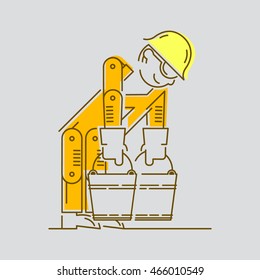 Worker Building icon. Work logo collection. Cement, materials, bucket, yellow helmet, orange overalls.  Isolated color sign line vector gray background. Usable for web, info-graphic and print