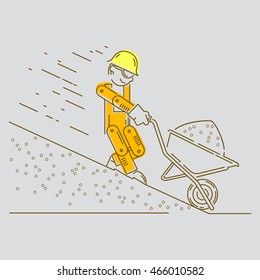 Worker Building icon. Work logo collection. Cement,  wheelbarrow, gravel, materials, slope, sand, yellow helmet, orange overalls.  Isolated color sign line vector gray background.