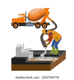 Worker at building site are pouring concrete in mold from mixer truck. Vector illustration isolated on white background