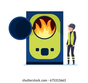 Worker burns garbage in a special oven, sorts garbage and recycles. Cleaning city. Household waste, recycling. Recycling of industrial waste. Illustration isolated in cartoon style.