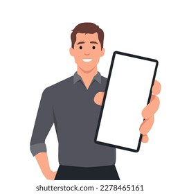 worker or business man showing smartphone, man holding smartphone close up. Flat vector illustration isolated on white background