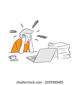 worker businessman stress at work illustration with hand drawn sketch doodle style