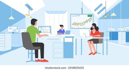 Worker busy in office Company modern workplace interior with employees sitting tables and computers vector illustration flat