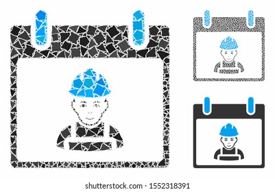 Worker calendar day composition of tuberous pieces in different sizes and shades, based on worker calendar day icon. Vector humpy pieces are organized into collage.