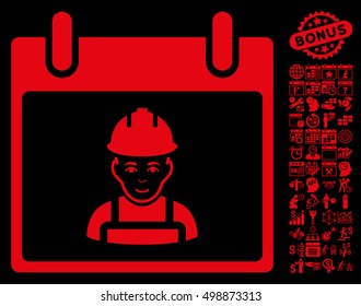 Worker Calendar Day icon with bonus calendar and time management graphic icons. Vector illustration style is flat iconic symbols, red, black background.