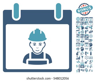 Worker Calendar Day icon with bonus calendar and time management pictures. Vector illustration style is flat iconic symbols, cyan and blue, white background.